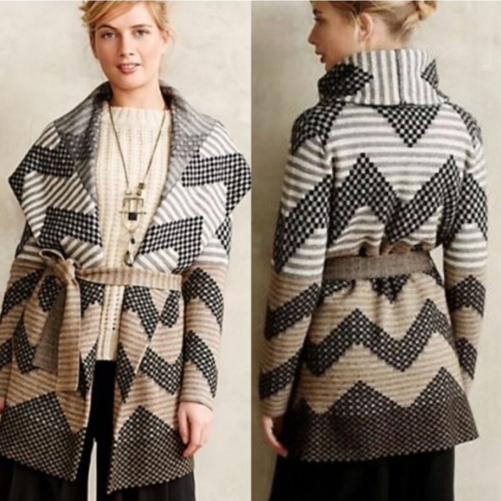 ANTHROPOLOGIE | FIELD FLOWER Striped Chevron Belted Sweater Coat-Size Medium